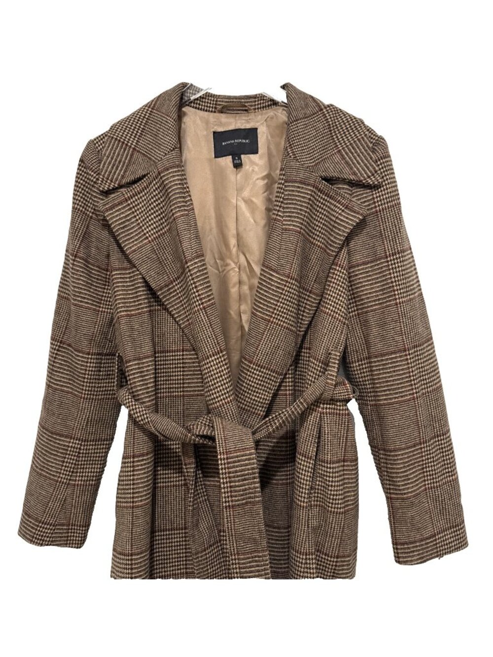 Banana Republic Tan Tie Waist Plaid Wool Blend Long Trench Coat Womens Size S - Picture 2 of 11
